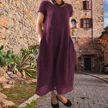 Indlæs billede til gallerivisning Ensfarvet løs kjole i bomuld med rund hals