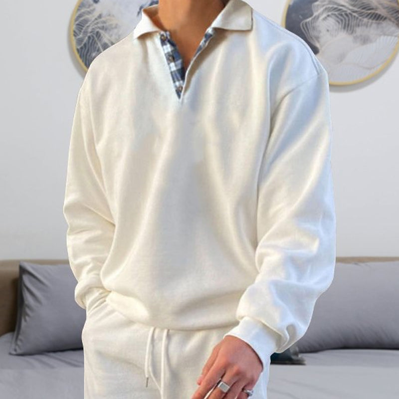 Ensfarvet polosweater med ternet halskrave (Herre)
