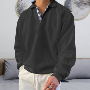 Ensfarvet polosweater med ternet halskrave (Herre)