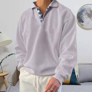 Ensfarvet polosweater med ternet halskrave (Herre)