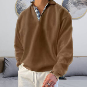 Ensfarvet polosweater med ternet halskrave (Herre)