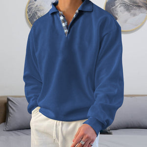 Ensfarvet polosweater med ternet halskrave (Herre)