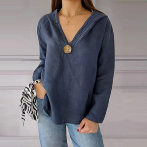 Sweatshirt med hætte og V-udskæring med en enkelt knap