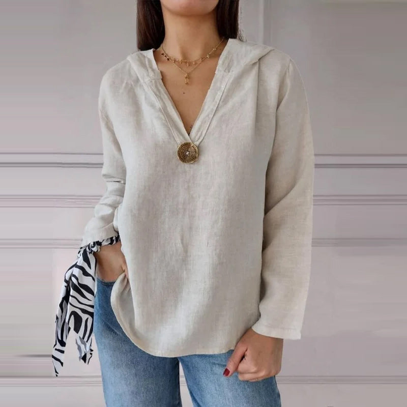 Sweatshirt med hætte og V-udskæring med en enkelt knap