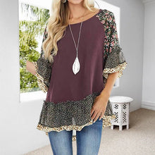Indlæs billede til gallerivisning Doll sleeve colorblock leopard print mid sleeve T-shirt
