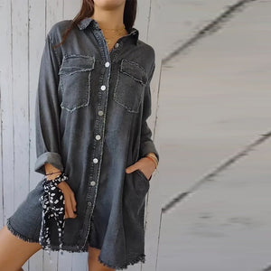 Denim komfortabel lang frakke skjorte