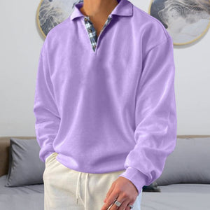 Ensfarvet polosweater med ternet halskrave (Herre)