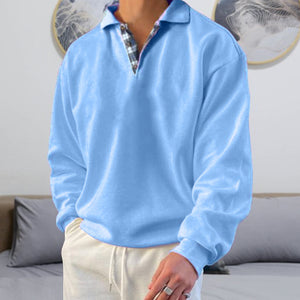 Ensfarvet polosweater med ternet halskrave (Herre)