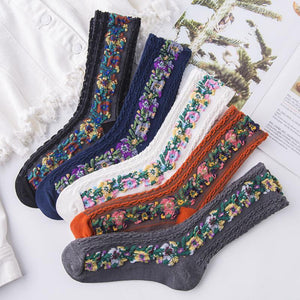 5 par Vintage-broderede blomstersokker