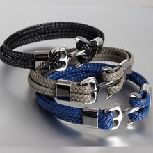 Indlæs billede til gallerivisning Læderarmbånd med anker i rustfrit stål
