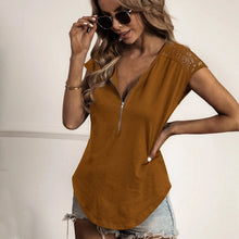 Indlæs billede til gallerivisning Women&#39;s Round Neck Half Zip Lace Short Sleeve T-Shirt
