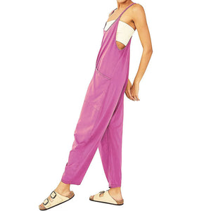 Ensfarvet Jumpsuit med V-hals og store lommer